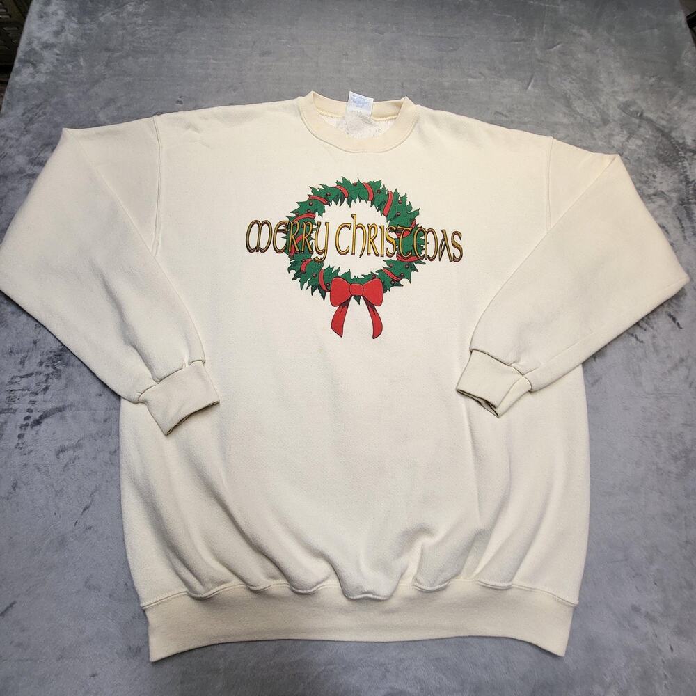 Vintage Santee Sweatshirt Mens XL White Christmas Wreath Merry Christmas 90s USA